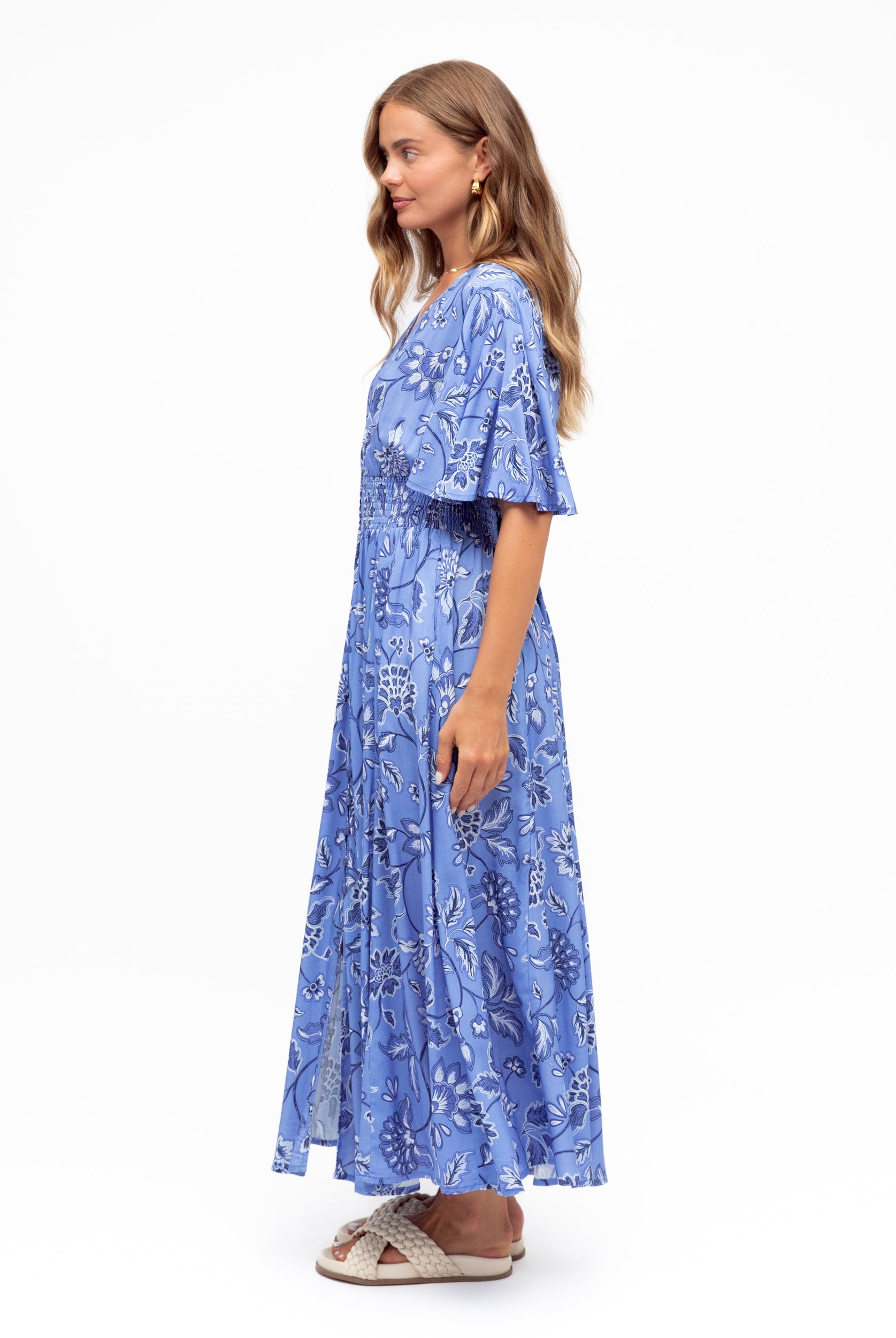 Blue and white maxi dress in floral print