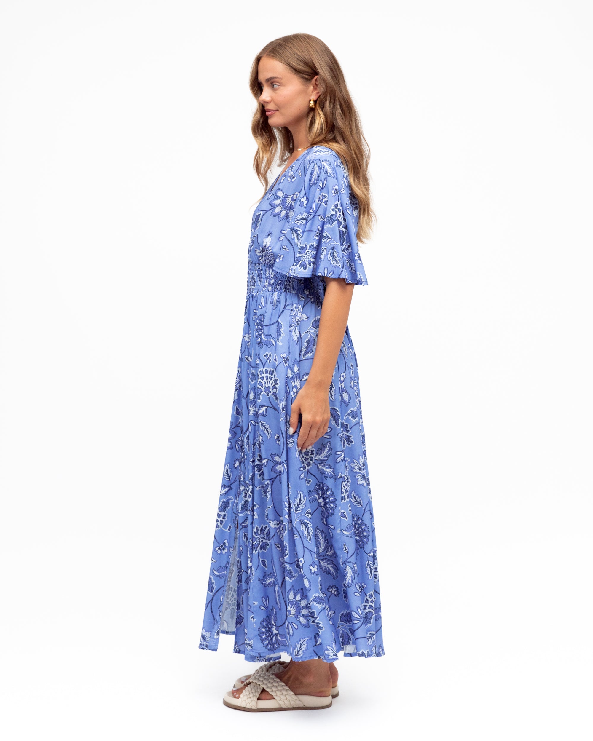 Blue and white maxi dress in floral print