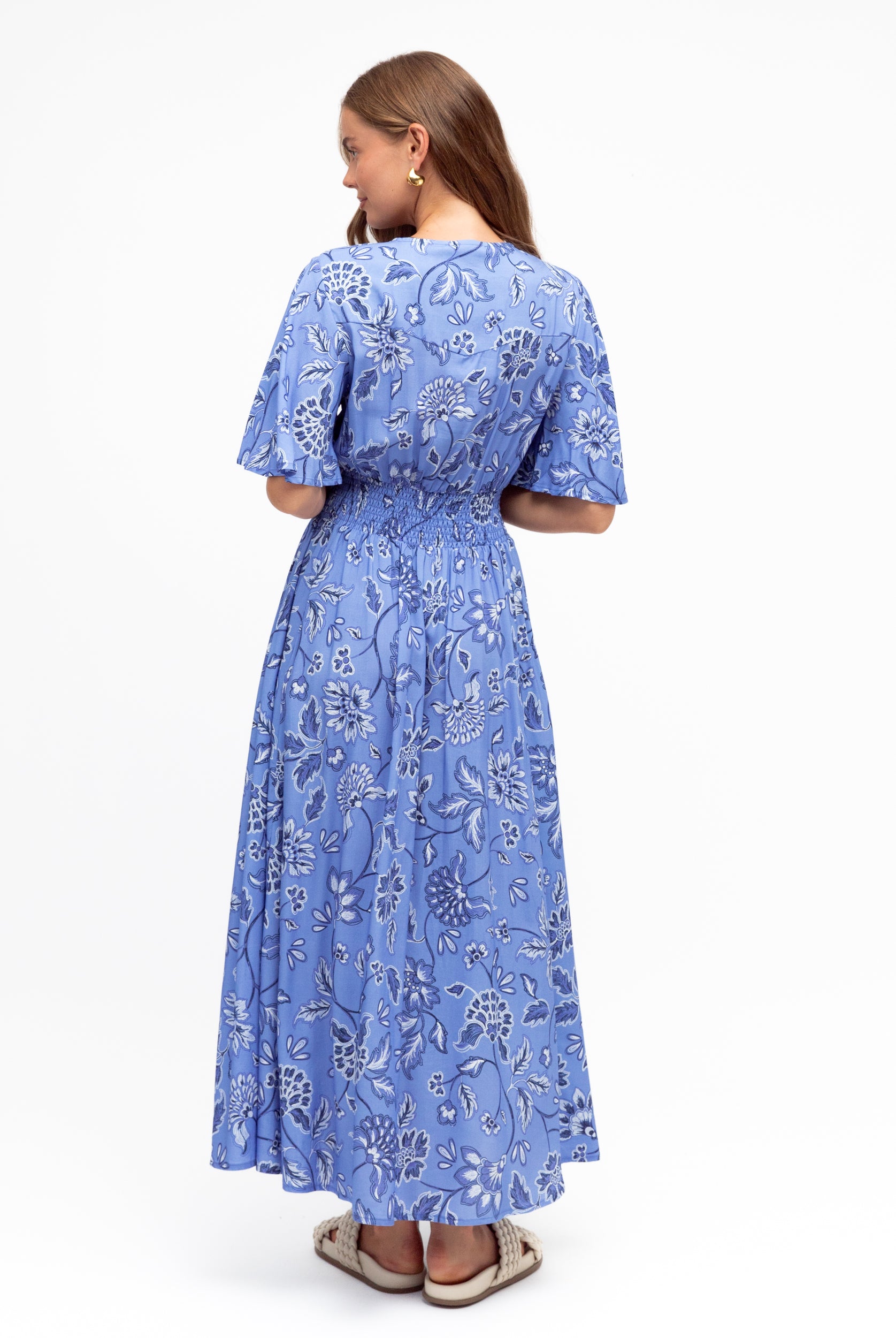 Blue and white maxi dress in floral print
