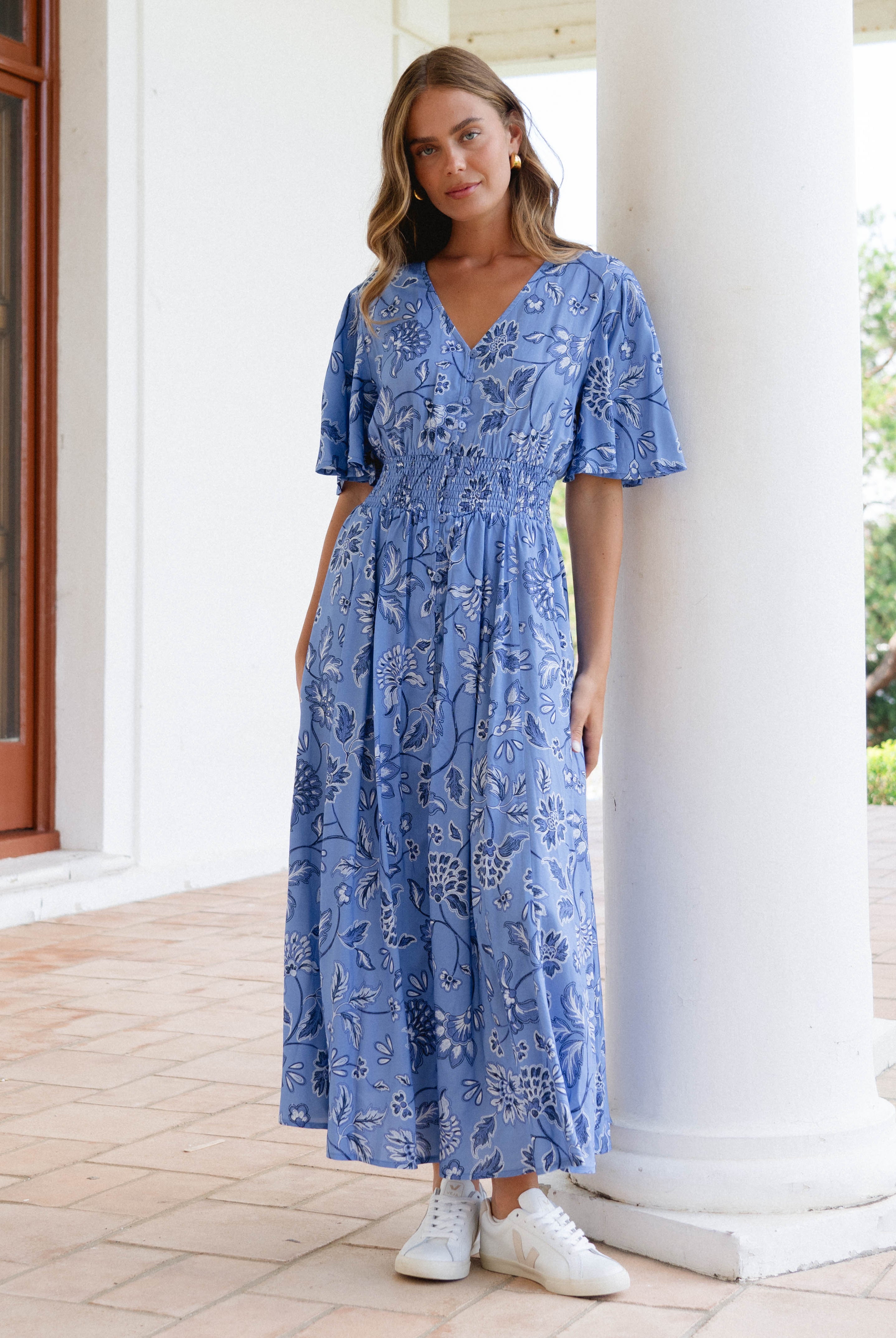 Blue and white maxi dress in floral print