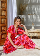 Multi coloured printed rayon jumpsuit with coconut buttons