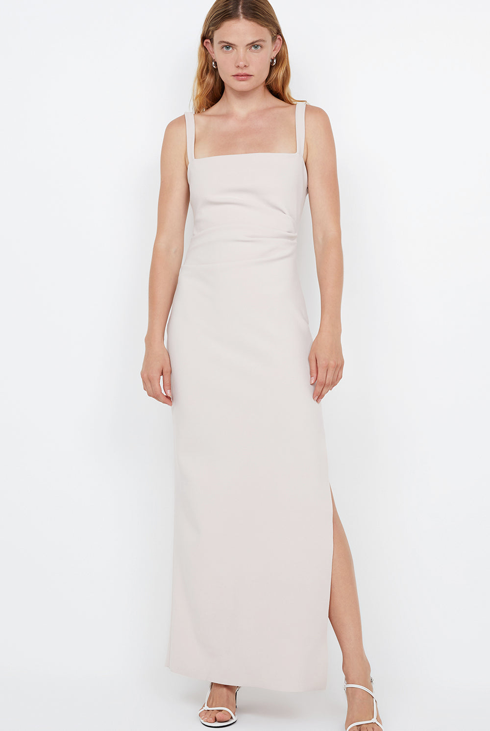 Square neck bonded crepe maxi dress with side split