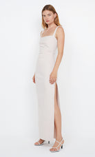 Square neck bonded crepe maxi dress with side split