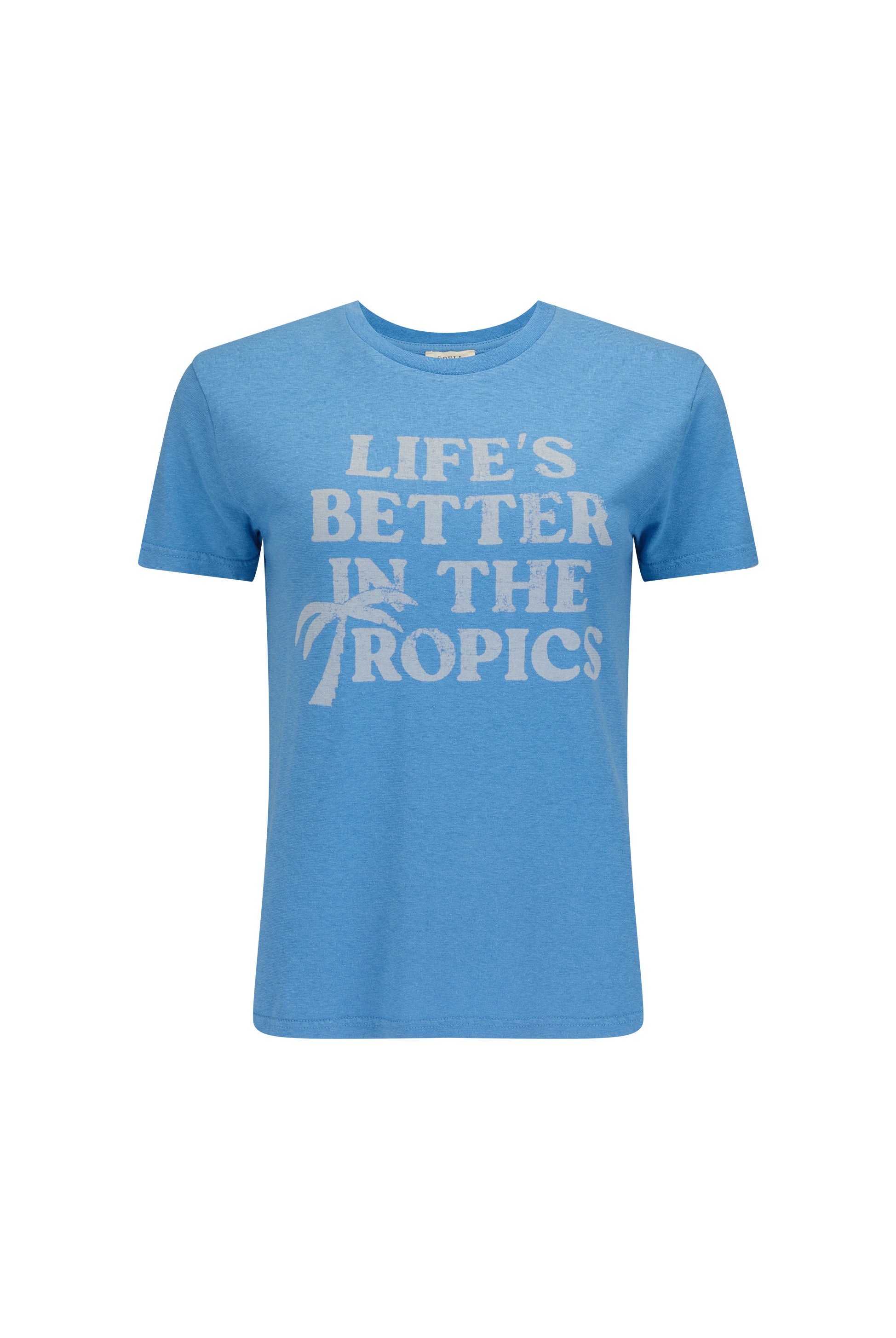 Blue t-shirt with 'Life's Better in the Tropics' text on a white background