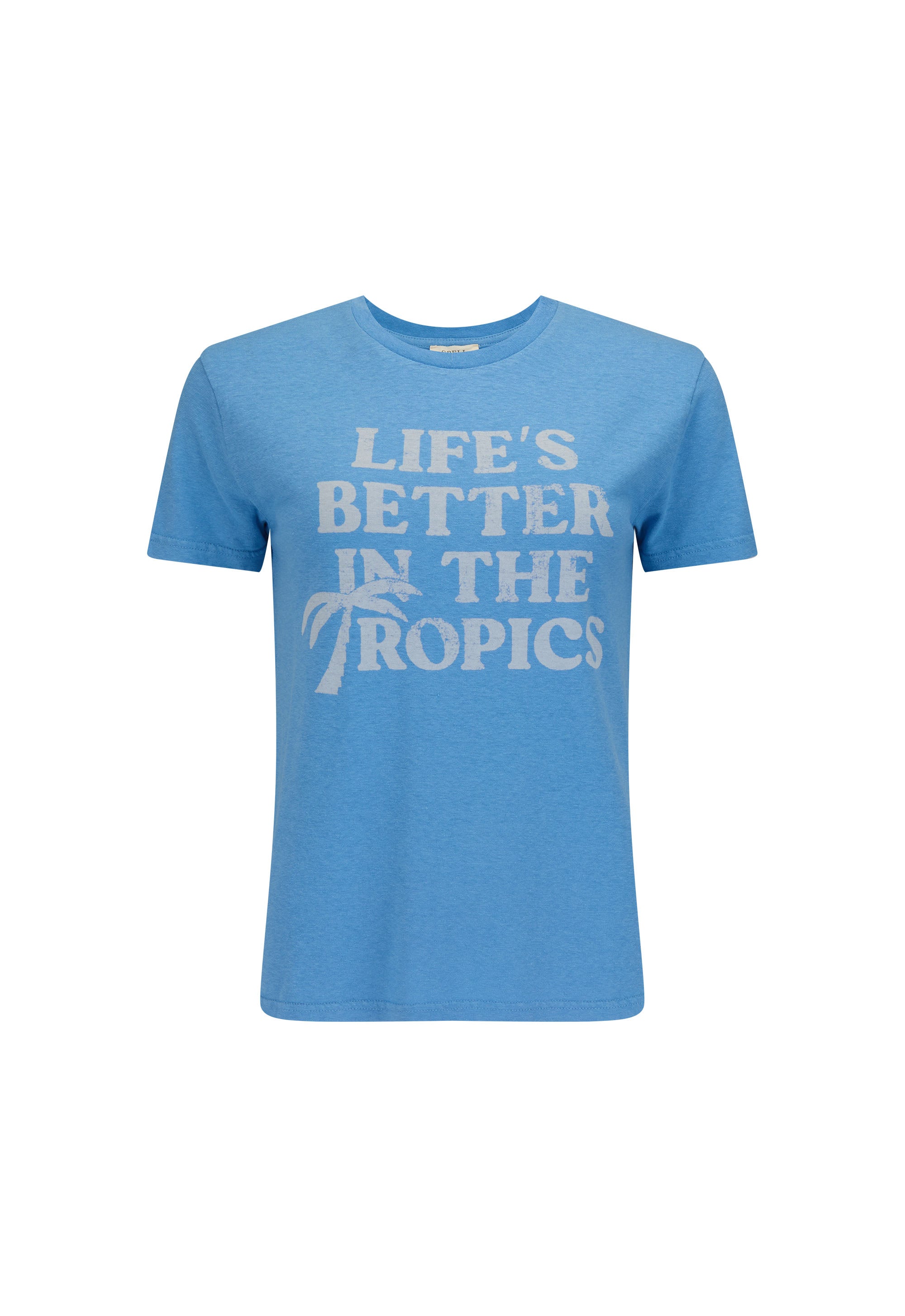 Blue t-shirt with 'Life's Better in the Tropics' text on a white background