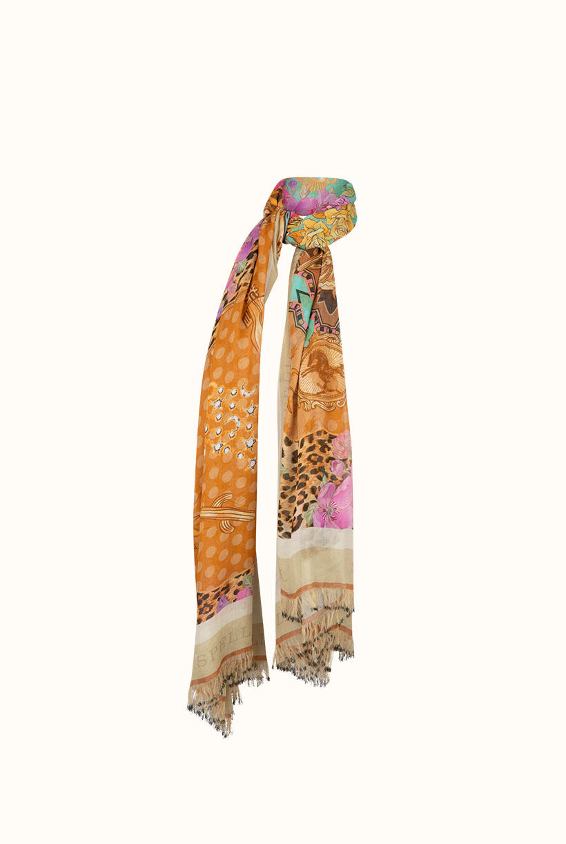 Multicolored scarf with animal print patterns on a white background