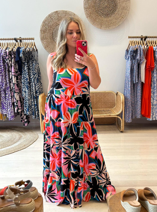 Blonde Woman wearing the Mister Zimi Paradise Print Dress