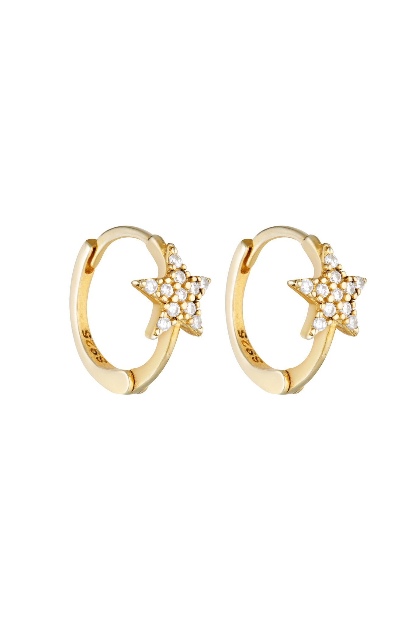 Gold hoop earrings with star designs on a white background