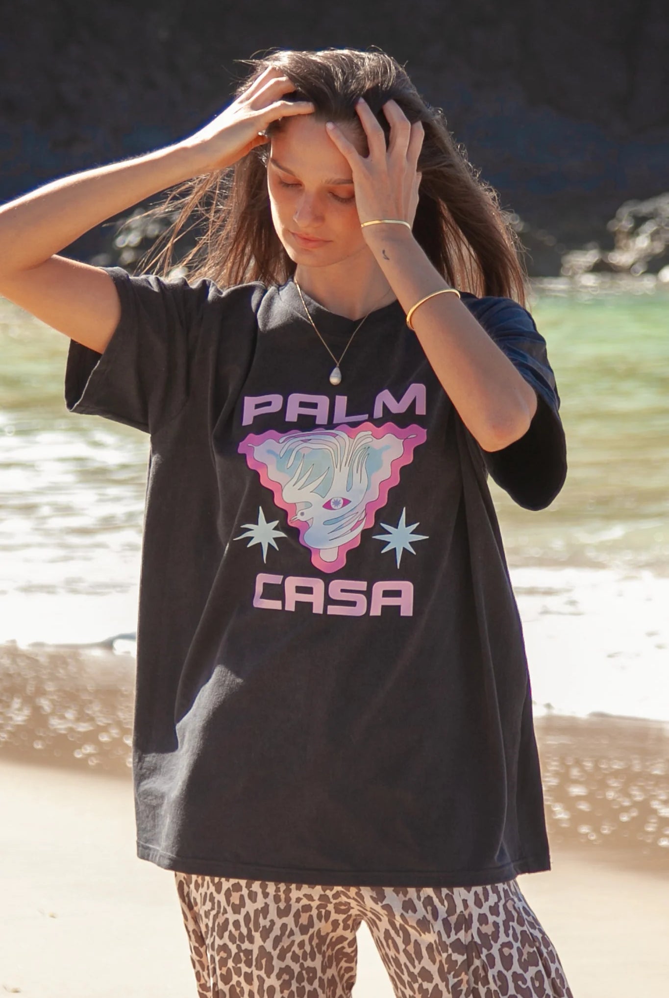 Soft cotton washed tee with Palm Casa Motif _ Dove Tee Palm Collective