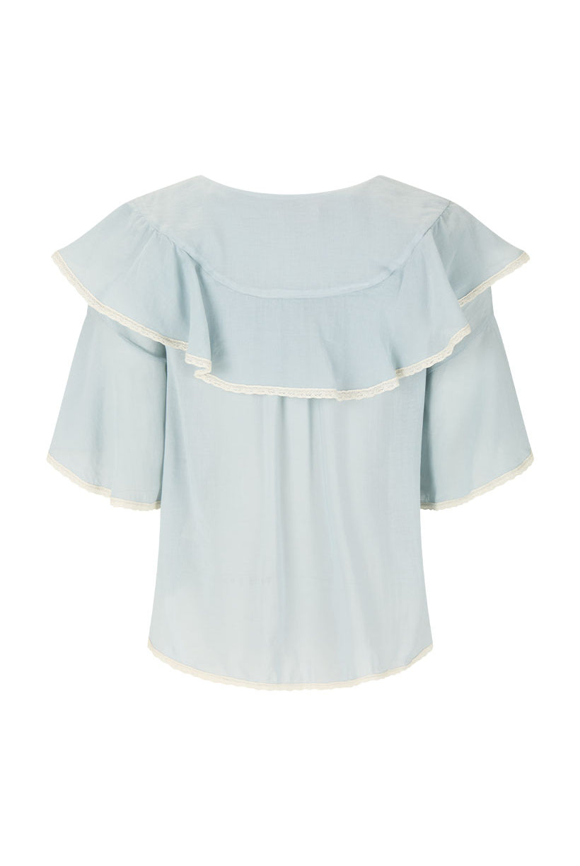 Light blue blouse with ruffled sleeves on a white background