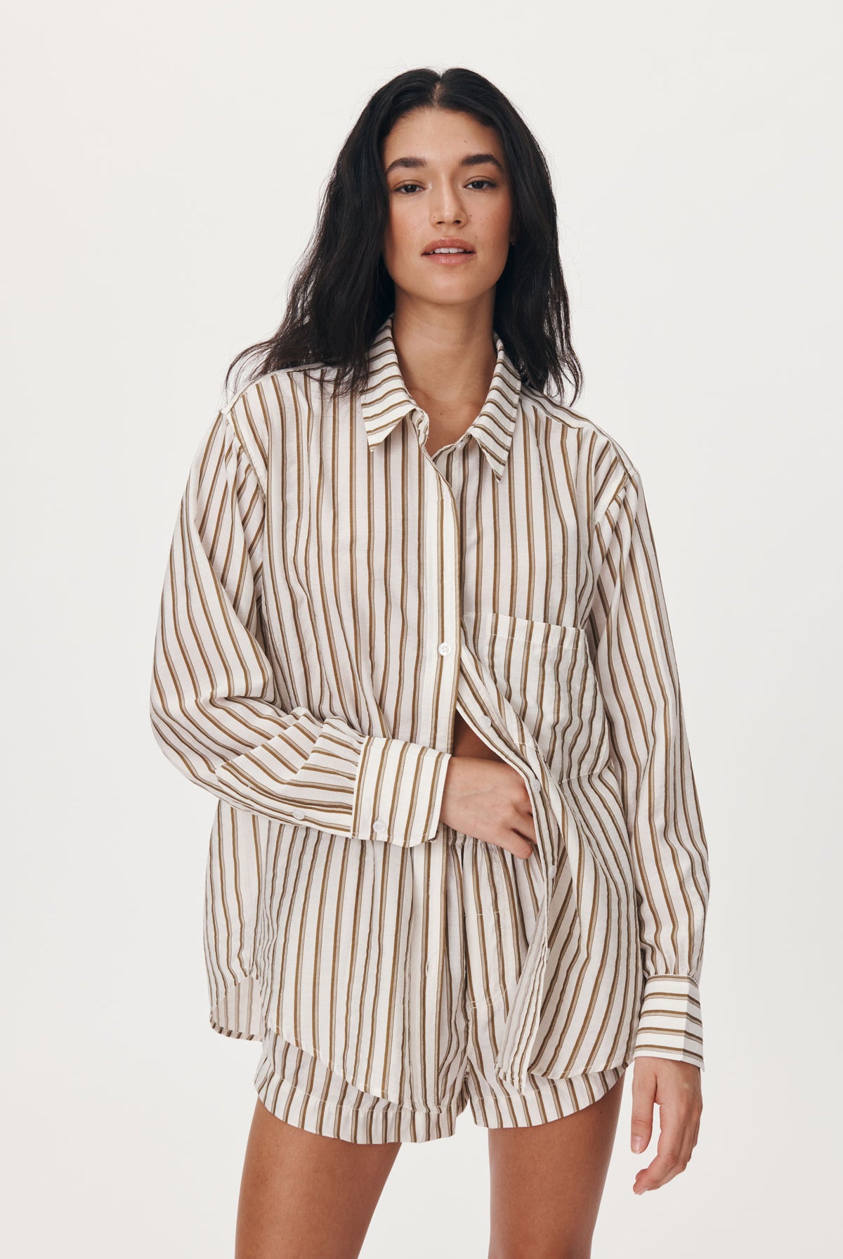 Neutral stripe sustainable cotton shirt
