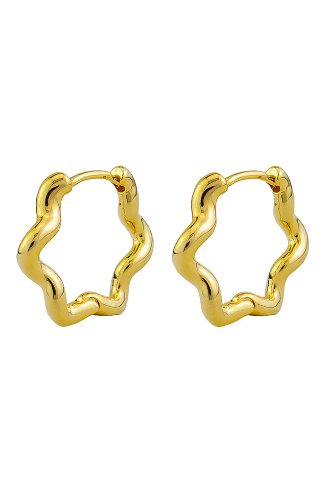 A pair of gold-colored hoop earrings with an organic curved shape.
