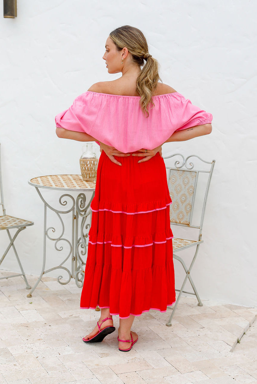 Red maxi skirt with pink trim