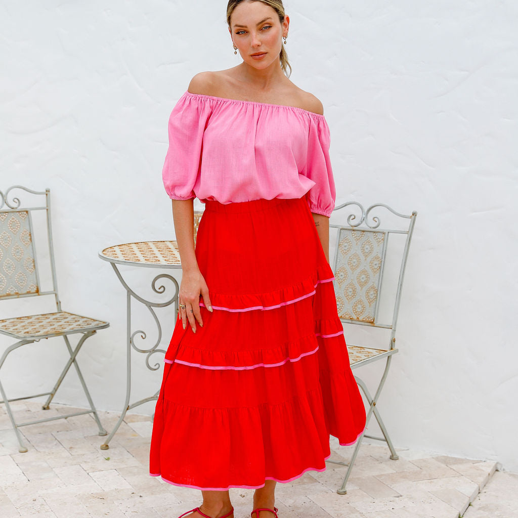 Red maxi skirt with pink trim