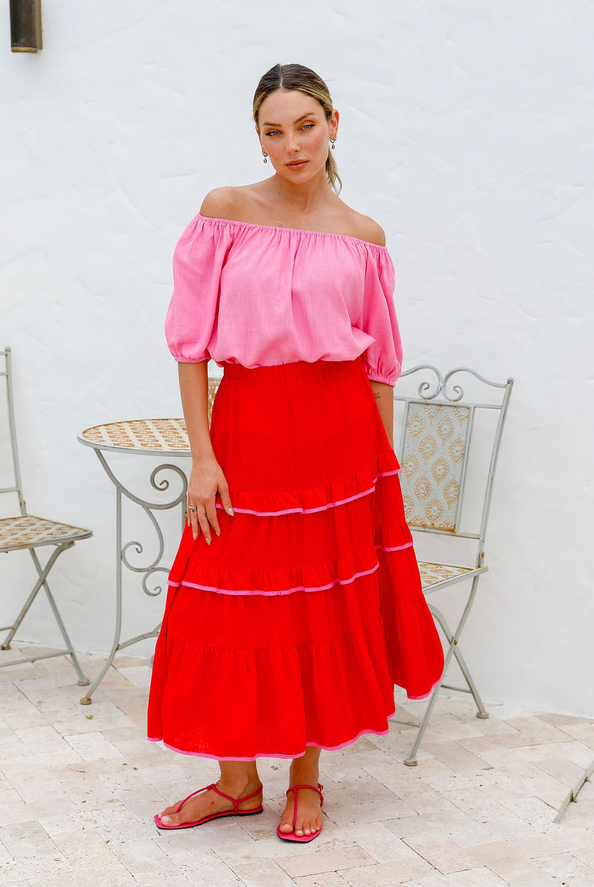 Red maxi skirt with pink trim