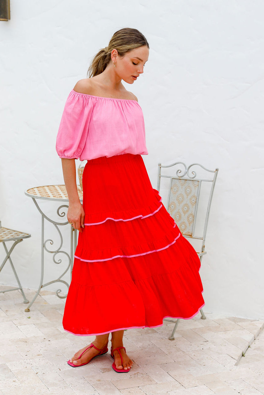 Red maxi skirt with pink trim