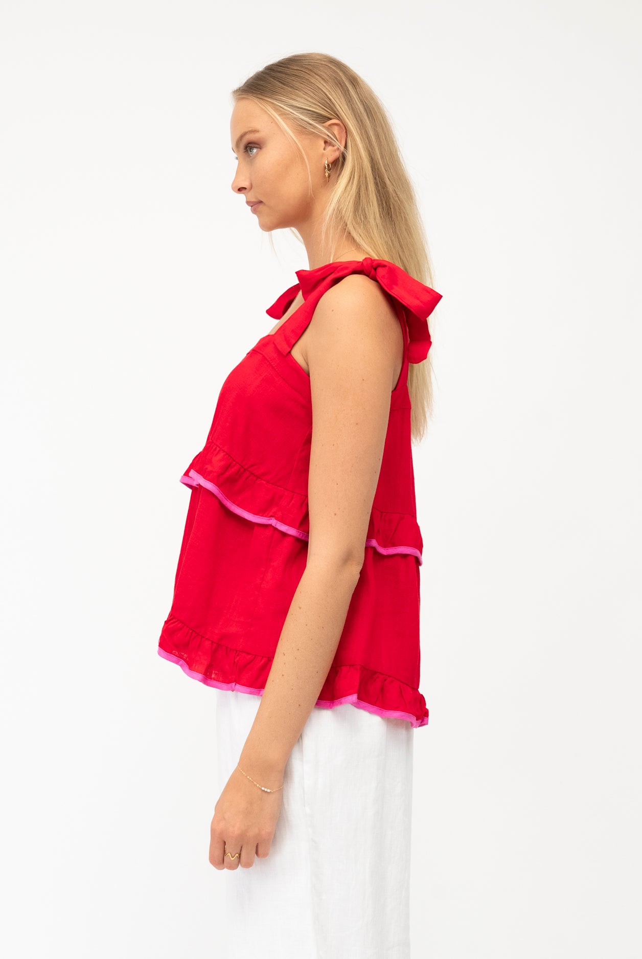Red top with pink trim