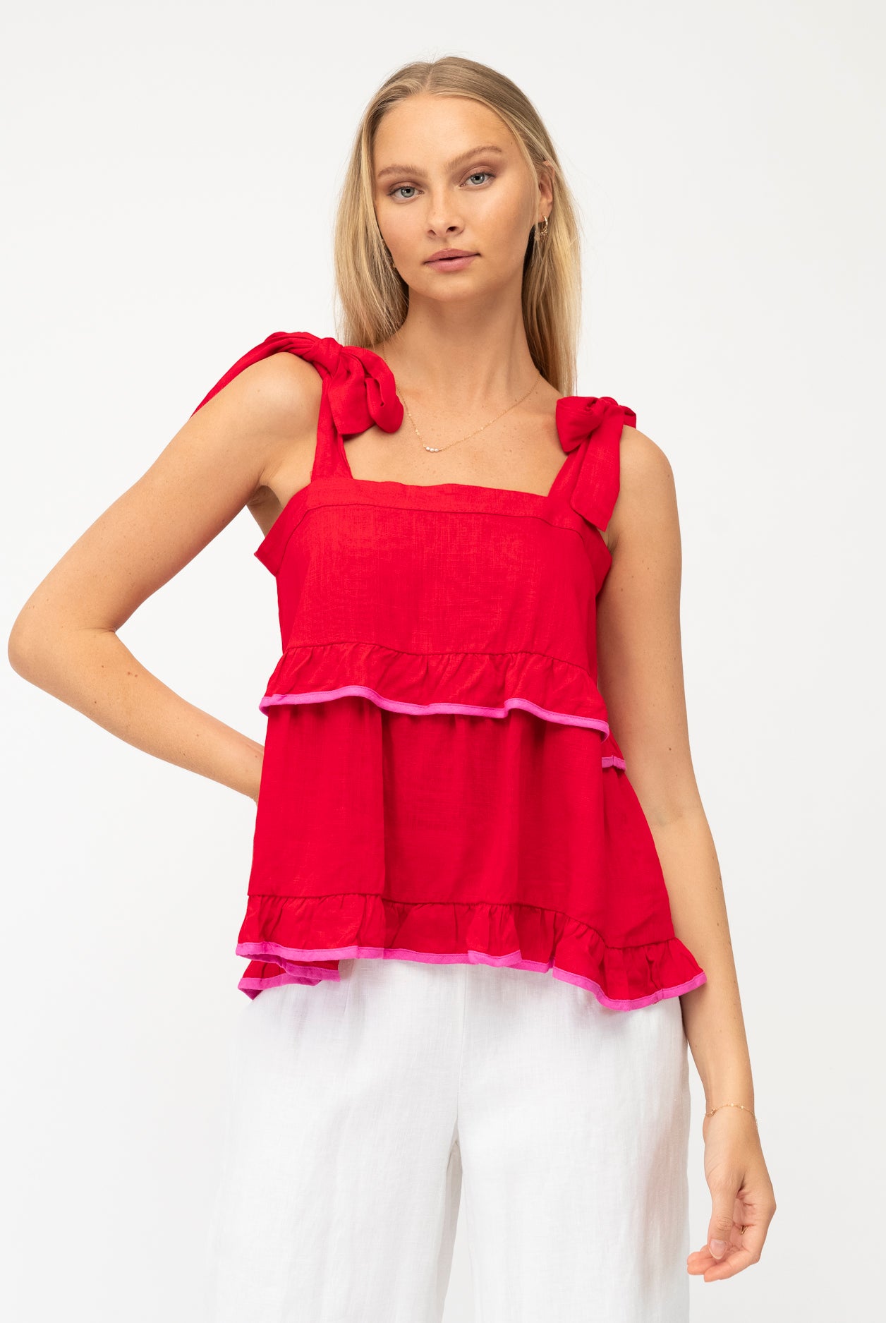 Red top with pink trim