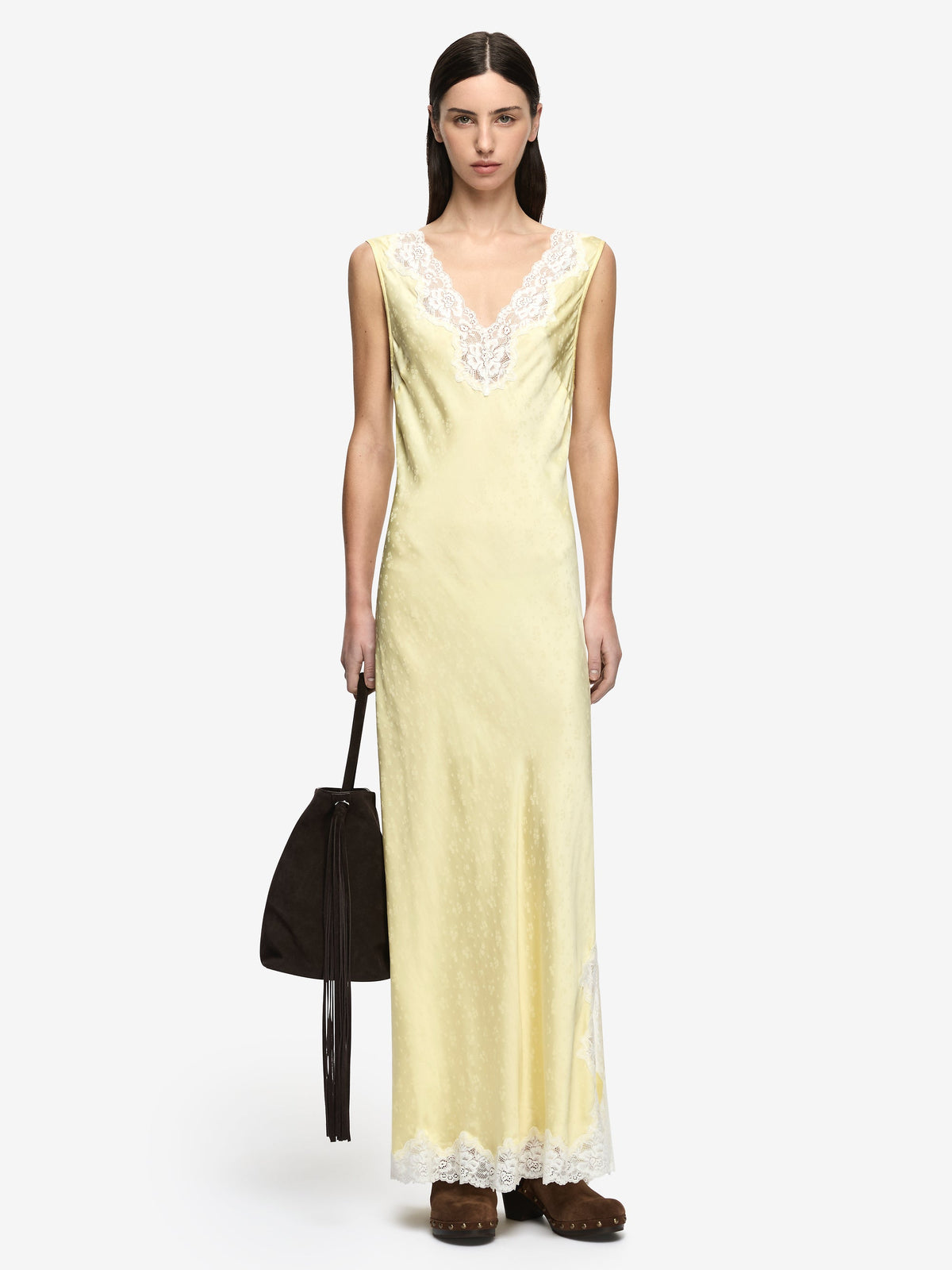 Bec + Bridge Zana Maxi Dress in Lemon Cream, V-neck slip maxi dress with ivory lace trim