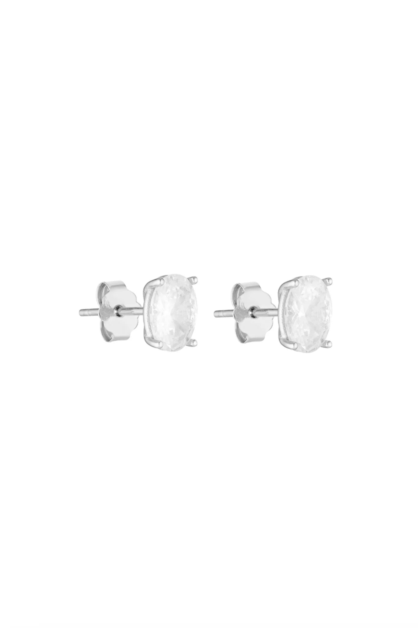 Pair of silver square stud earrings on a white background