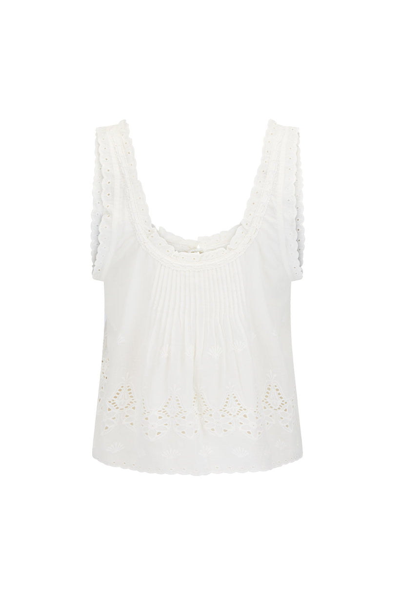 White sleeveless top with lace details on a white background