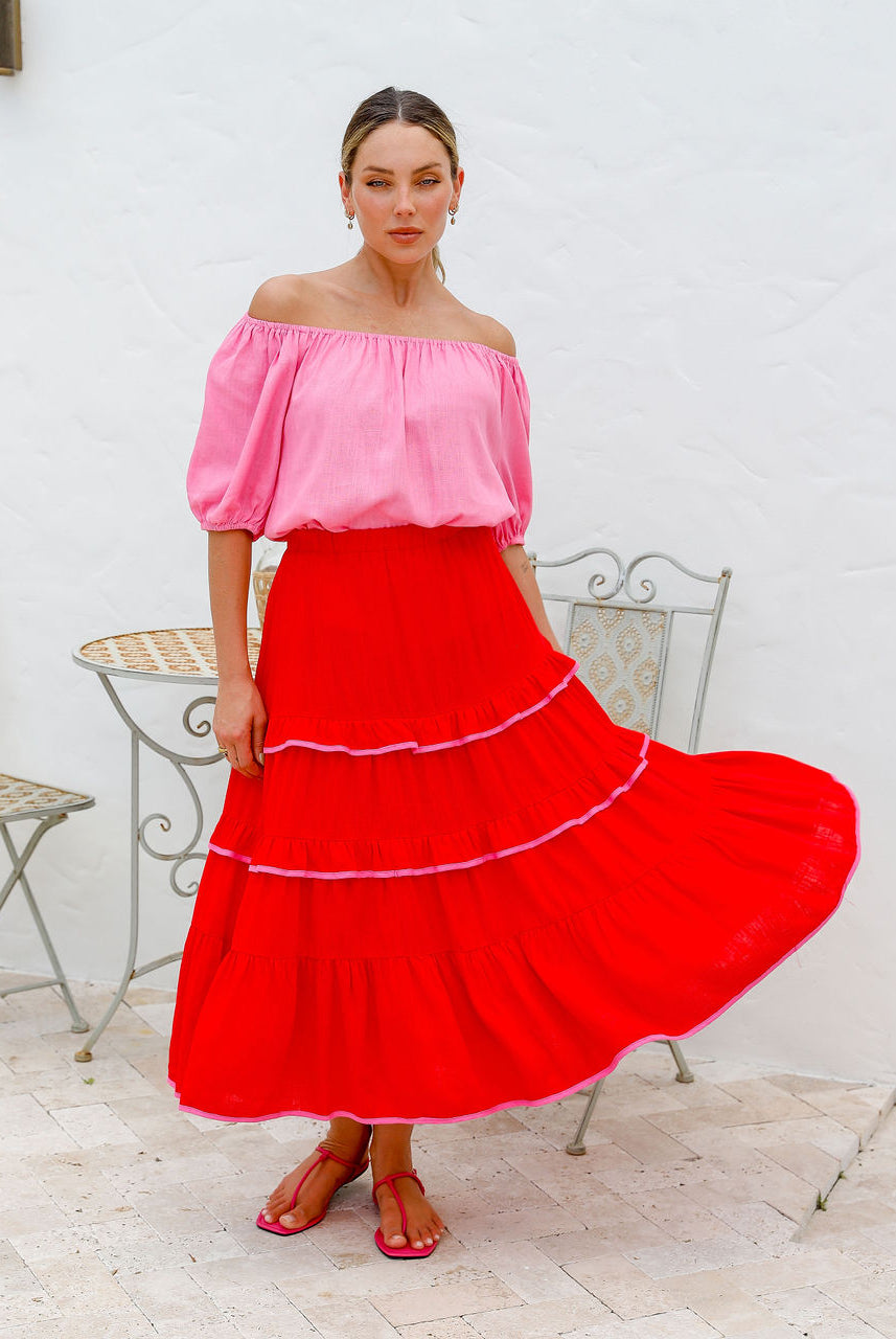 Red maxi skirt with pink trim