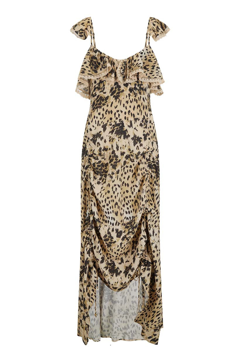 Leopard print dress with ruffled sleeves on a white background