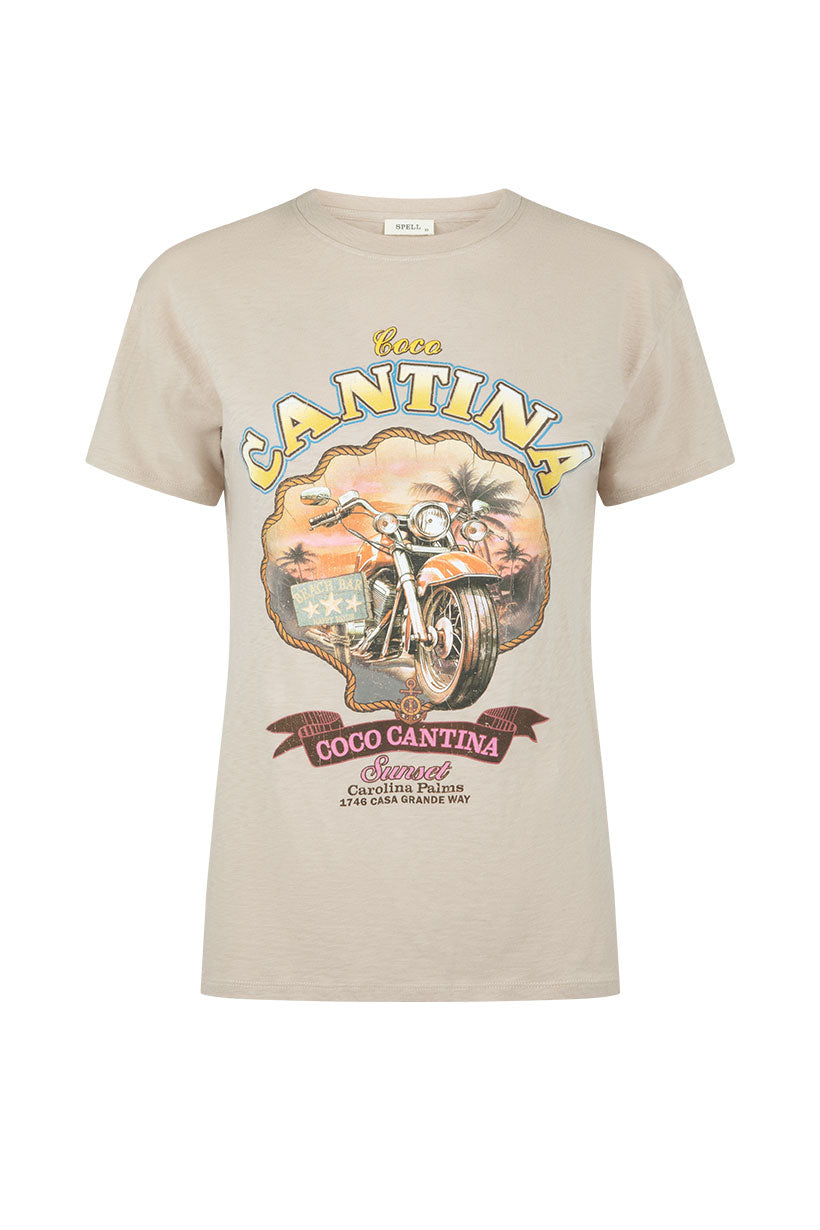 Taupe tee with cantina motif from Australian brand Spell