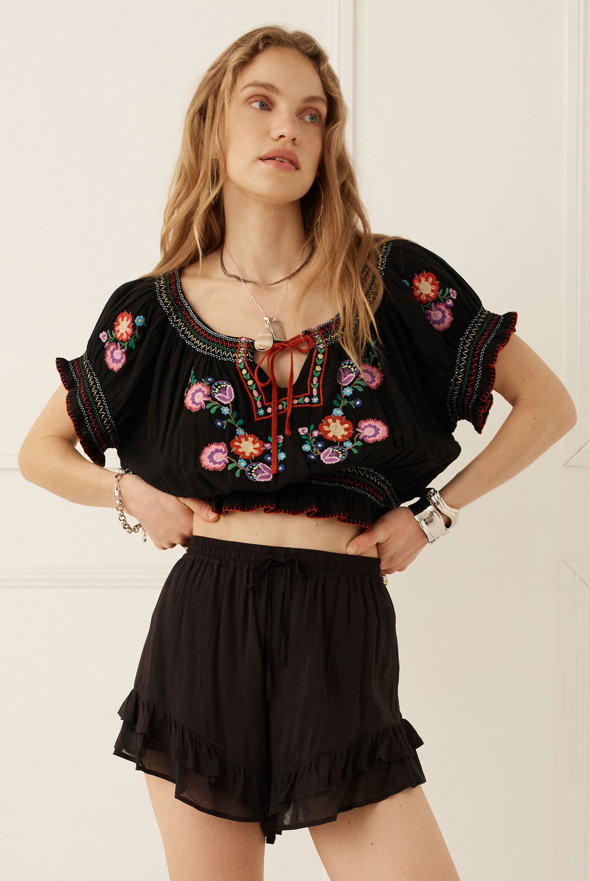 Spell Feliz Crop Blouse in Woodland Black