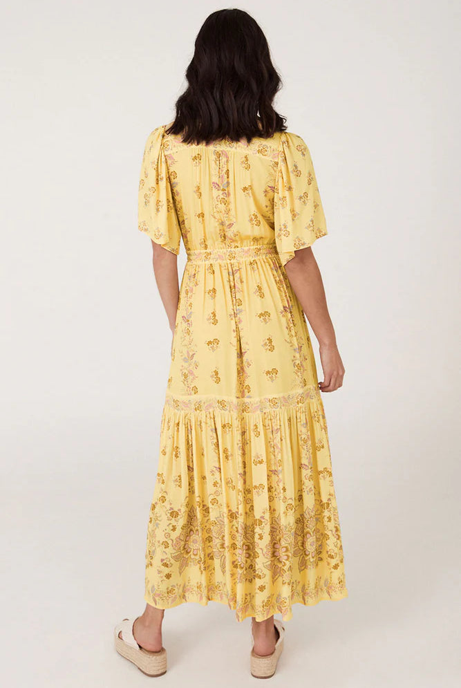 Yellow floral maxi dress with button through details and elasticated ties