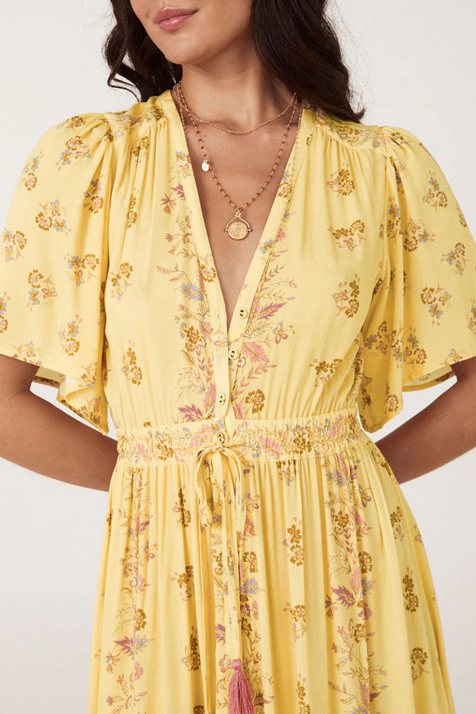 Yellow floral maxi dress with button through details and elasticated ties