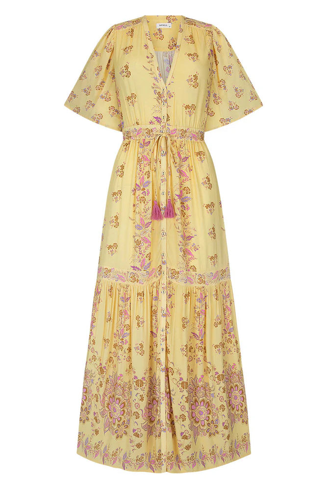 Yellow floral maxi dress with button through details and elasticated ties