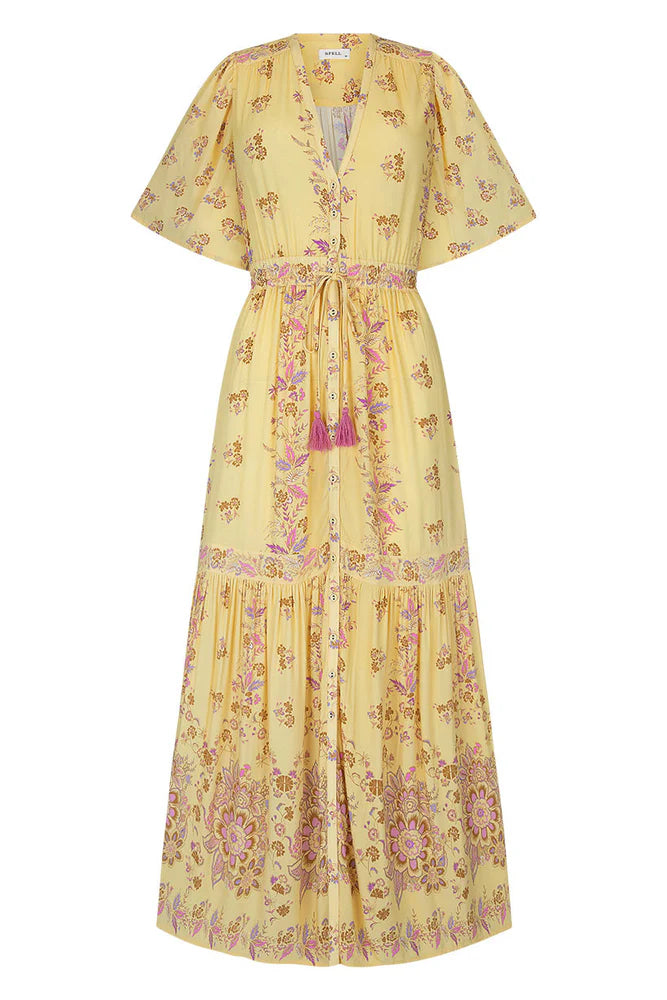 Yellow floral maxi dress with button through details and elasticated ties