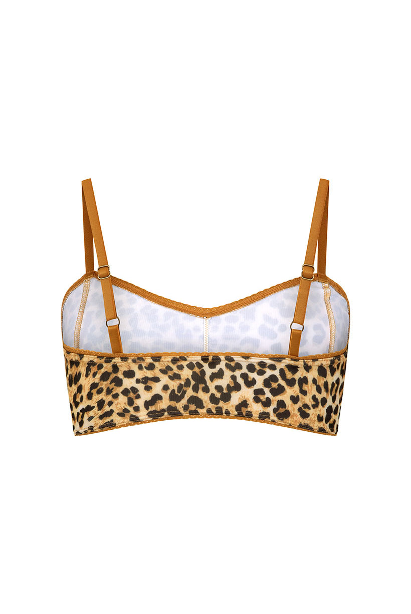 Leopard print bralette with white lining on a white background