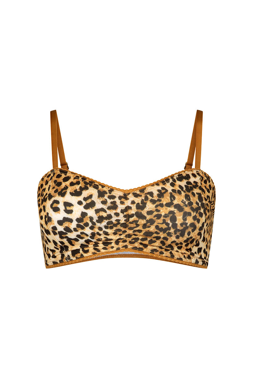 Leopard print bralette with thin straps on a white background