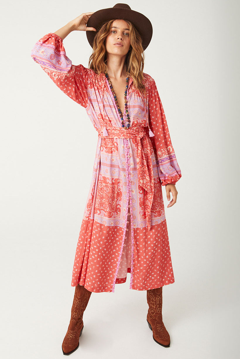 Printed Spell Sunshine Bandit Button Through Dress in cayenne red colourway