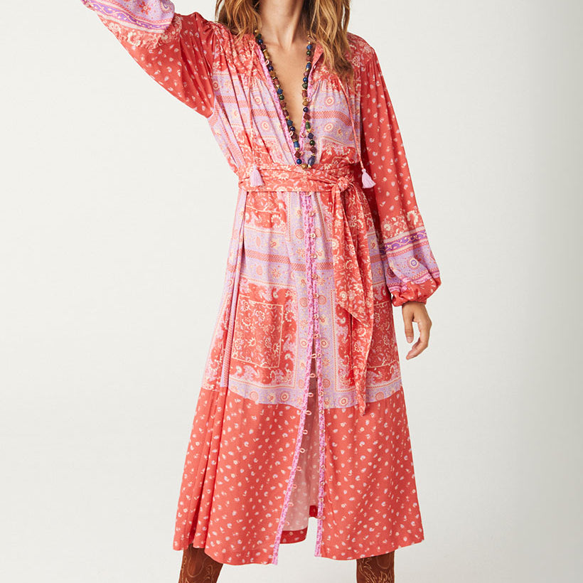 Printed Spell Sunshine Bandit Button Through Dress in cayenne red colourway