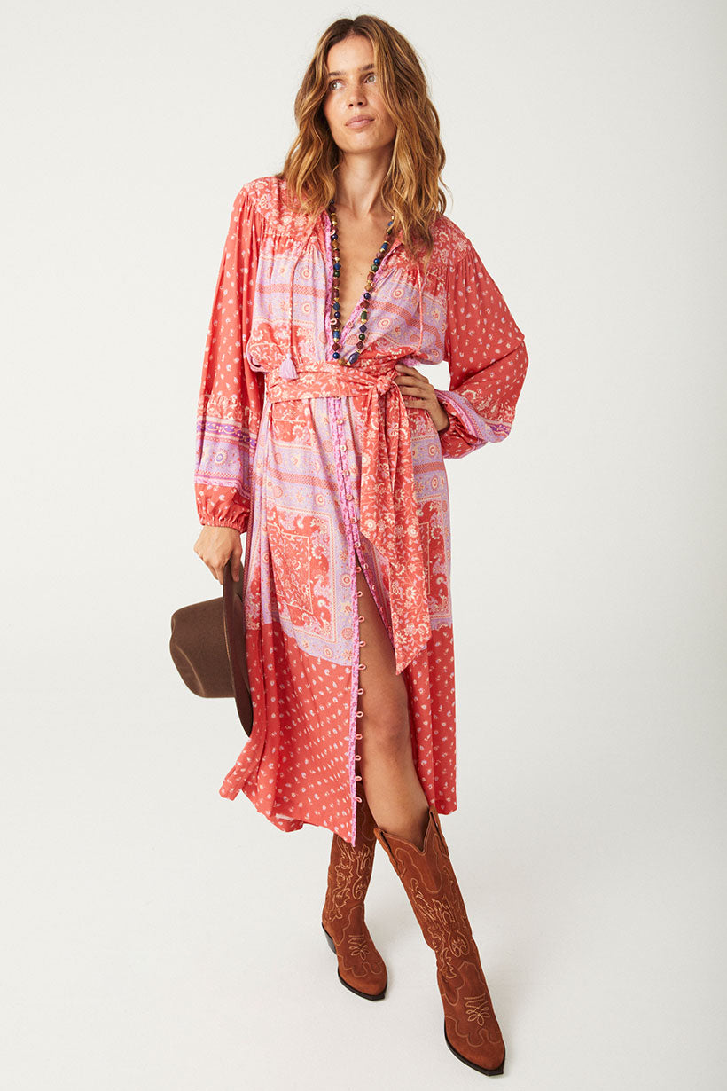 Printed Spell Sunshine Bandit Button Through Dress in cayenne red colourway