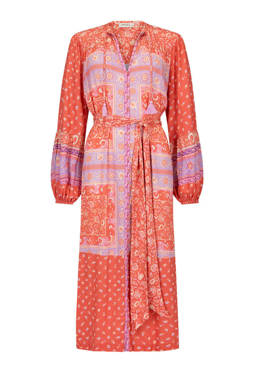 Printed Spell Sunshine Bandit Button Through Dress in cayenne red colourway