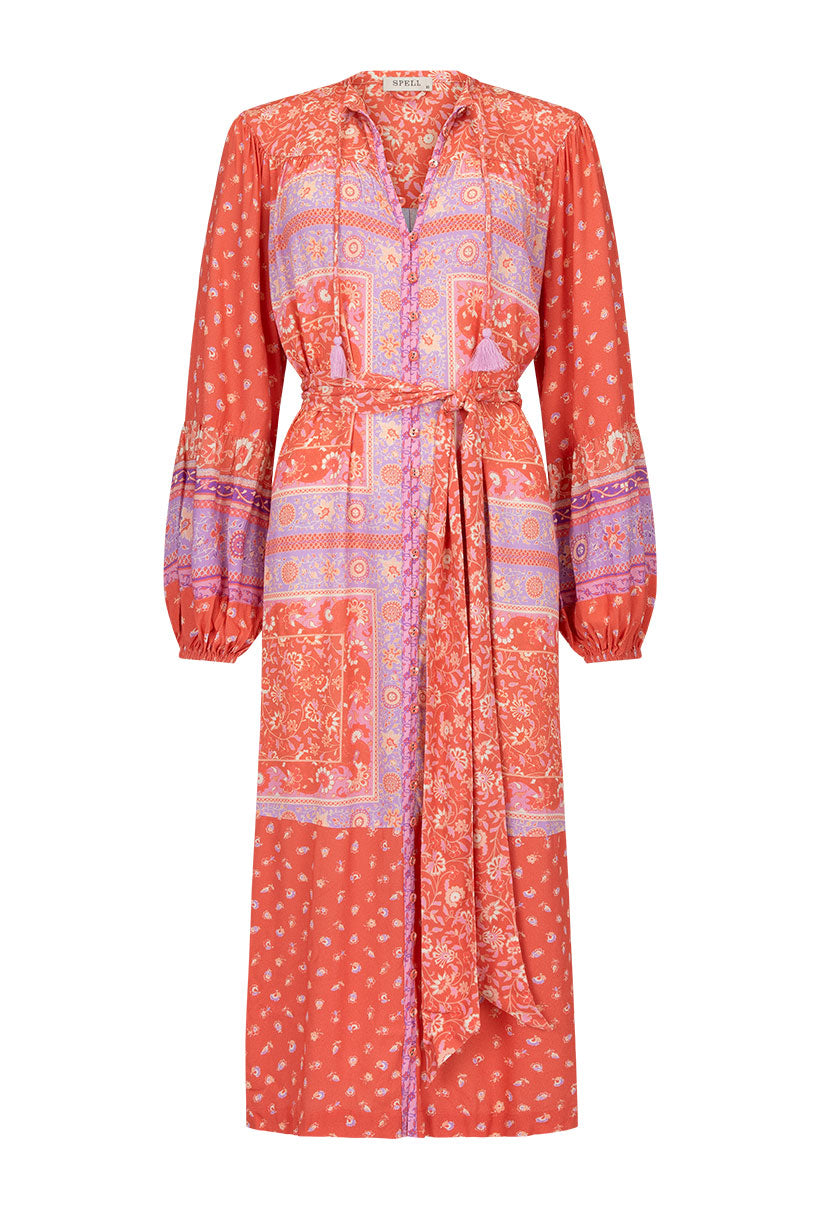 Printed Spell Sunshine Bandit Button Through Dress in cayenne red colourway