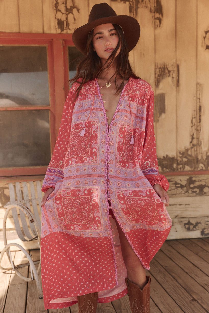 Printed Spell Sunshine Bandit Button Through Dress in cayenne red colourway