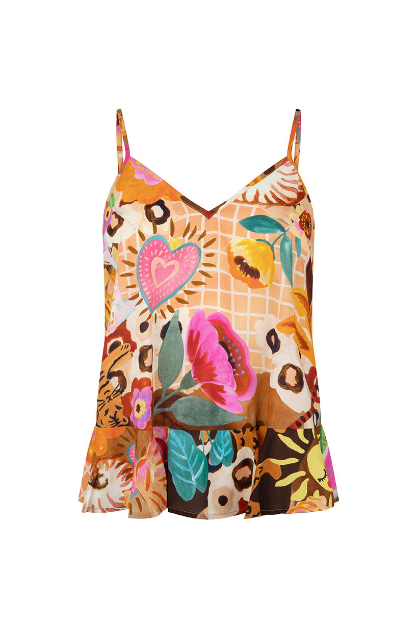 Multicolored floral and animal print camisole on a white background