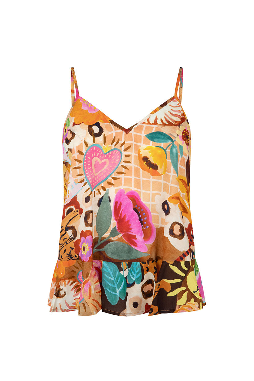 Multicolored floral and animal print camisole on a white background