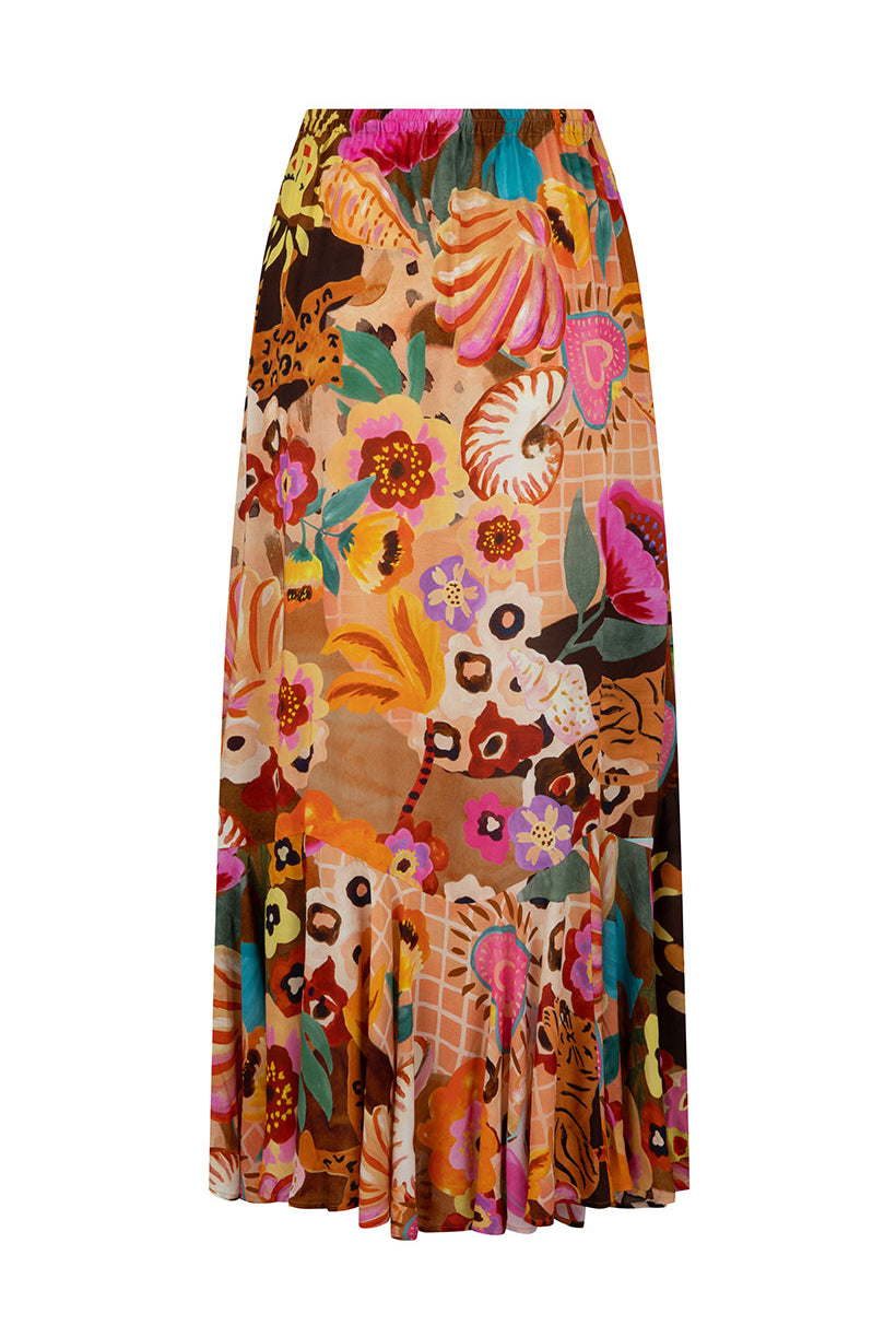 Colorful floral and animal patterned skirt on a white background