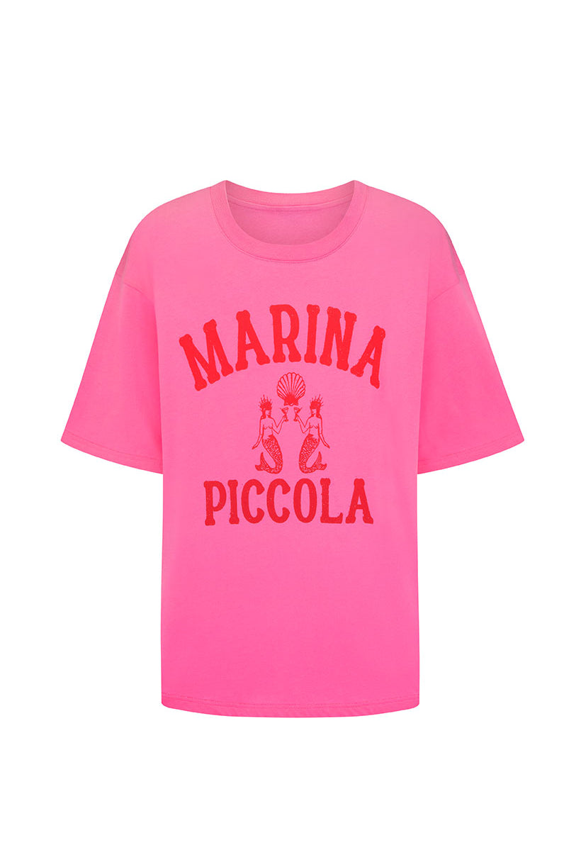 Pink t-shirt with 'MARINA PICCOLA' text on a white background
