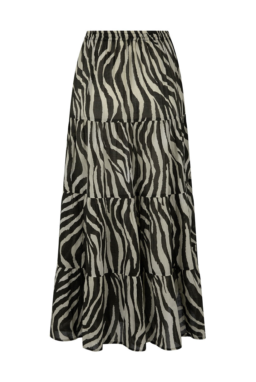 Zebra print tiered skirt on a white background