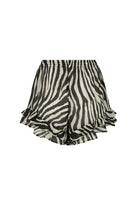 Zebra print shorts with ruffled hem on a white background