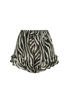 Zebra print shorts with ruffled hem on a white background