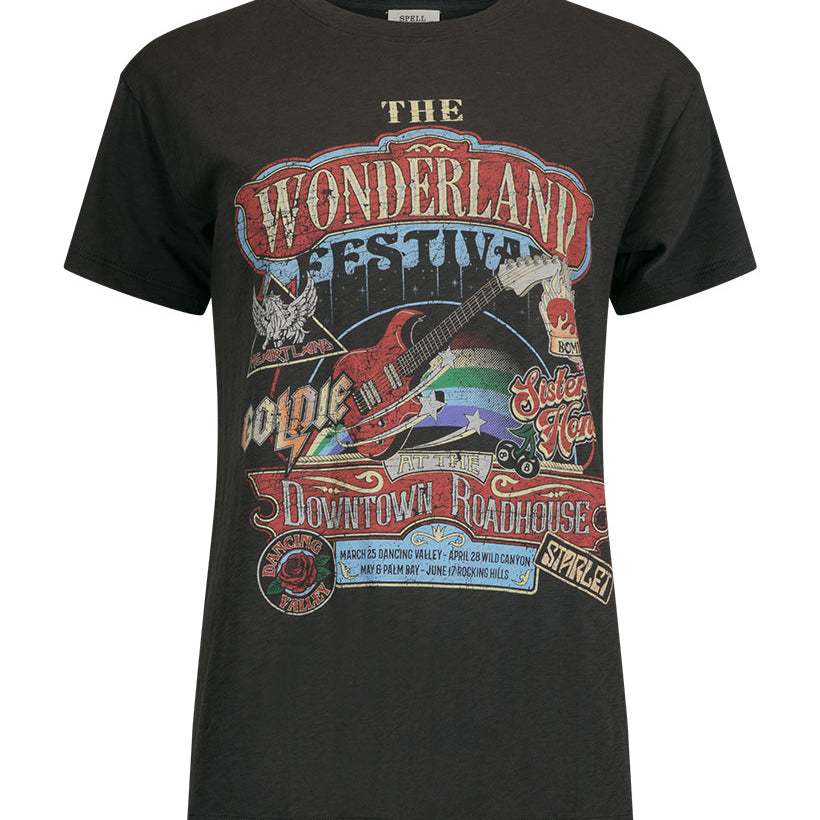 Spell charcoal biker tee with wonderland motif
