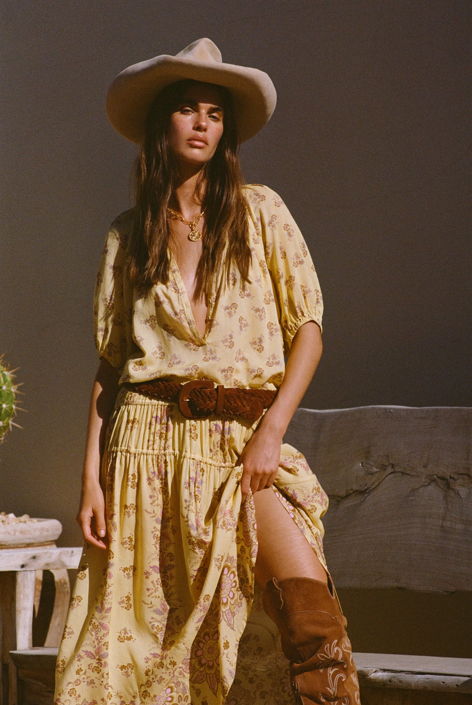 Yellow floral print blouse with button up front